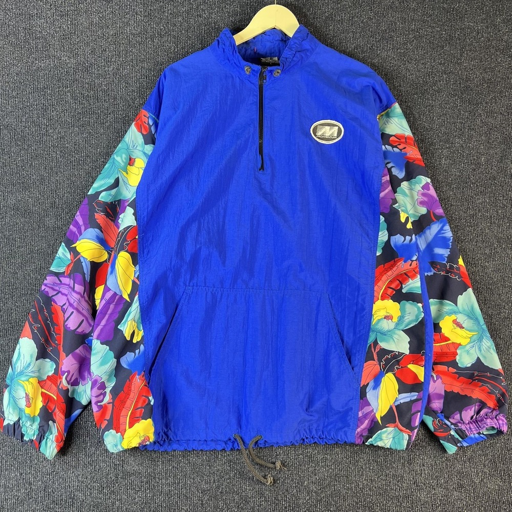 Vintage‎ Momentum Jacket Mens Large Blue Floral Pullover Windbreaker 90s